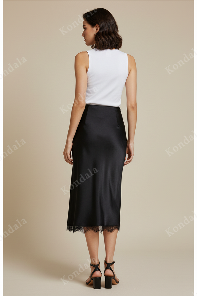 Jupe Midi Satin Dentelle Élégante