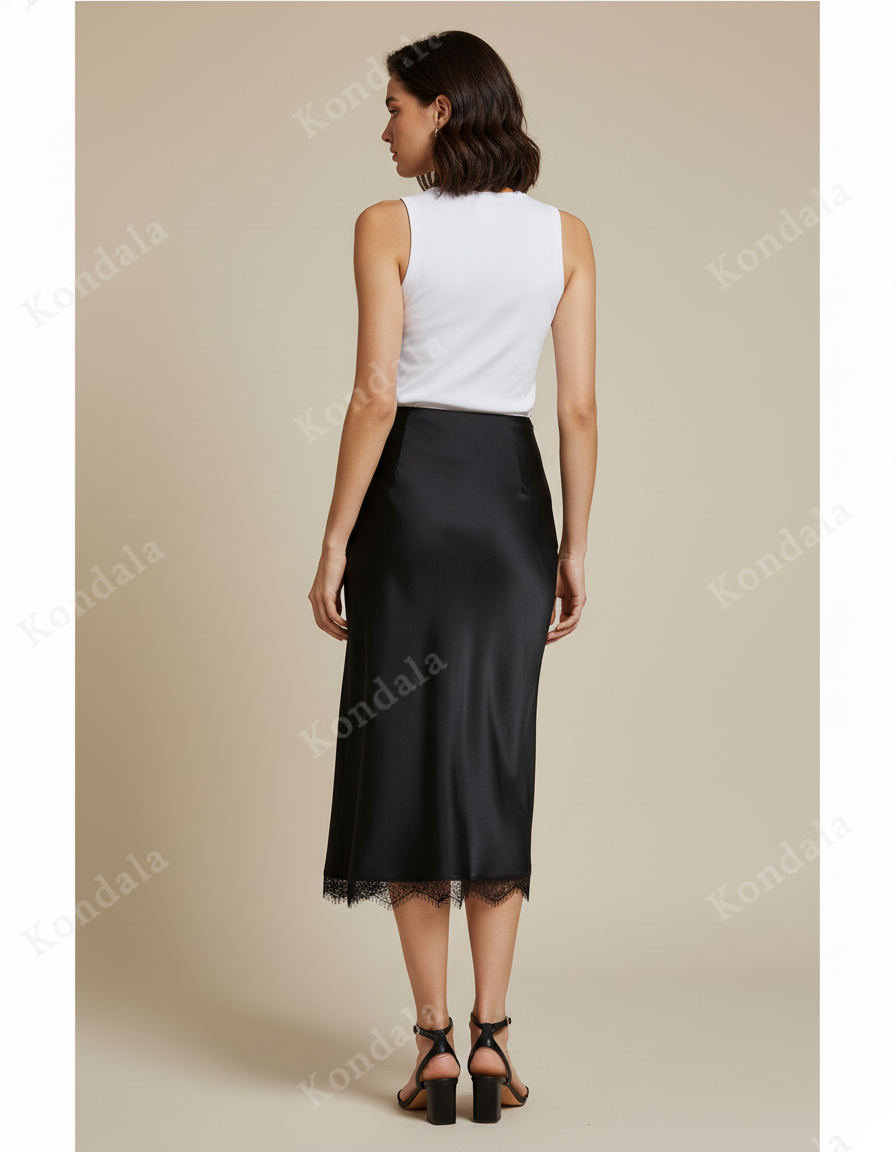 Jupe Midi Satin Dentelle Élégante