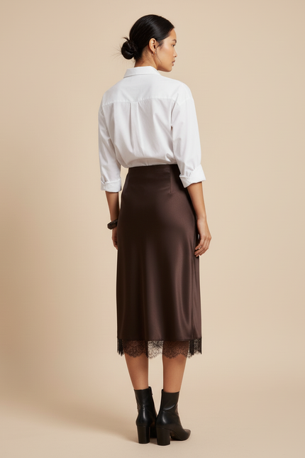 Jupe Midi Satin Marron Dentelle Élégante