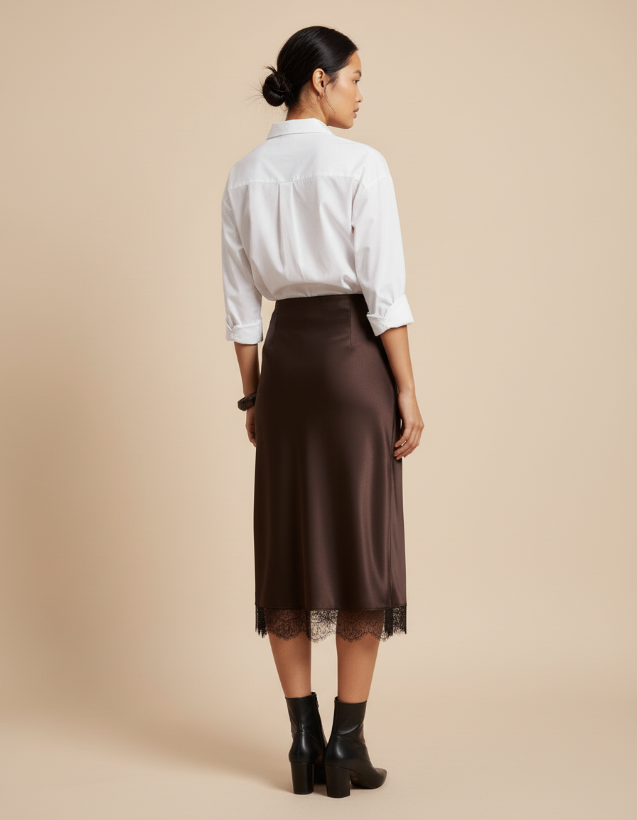 Jupe Midi Satin Marron Dentelle Élégante