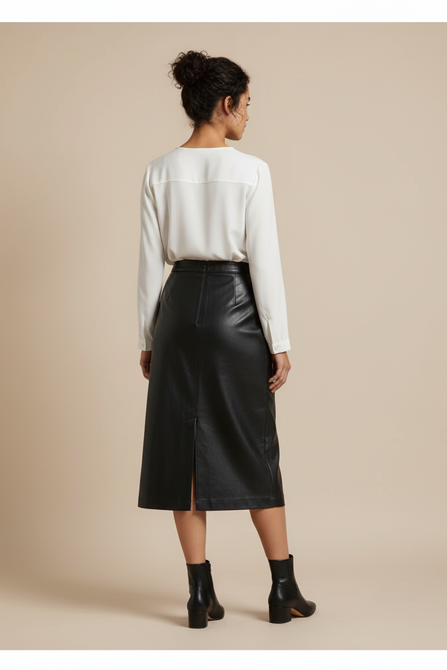 Jupe Midi Noire Similicuir Fendue Chic