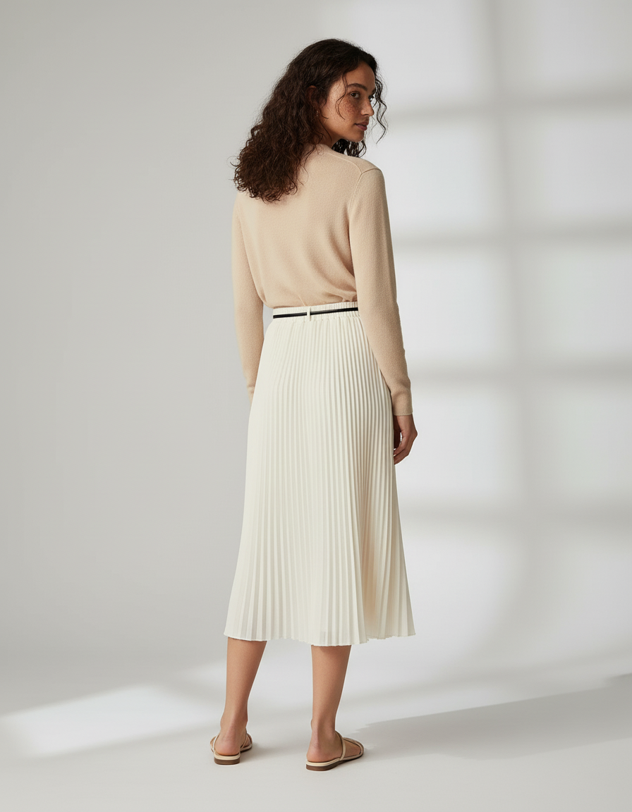 Jupe Midi Plissée Crème Fluide