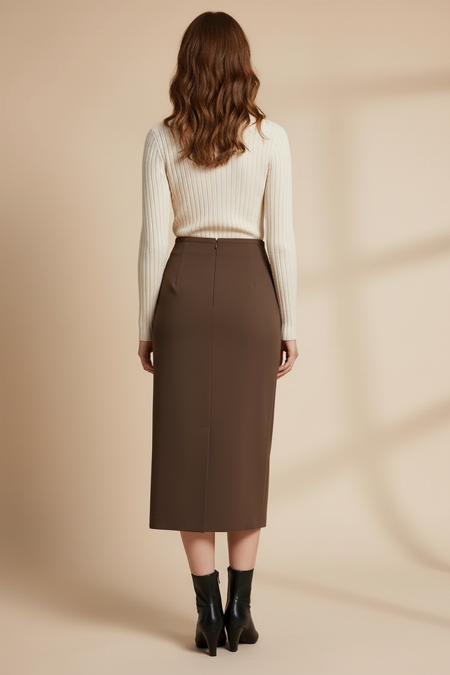 Jupe Midi Marron Fendue Élégante