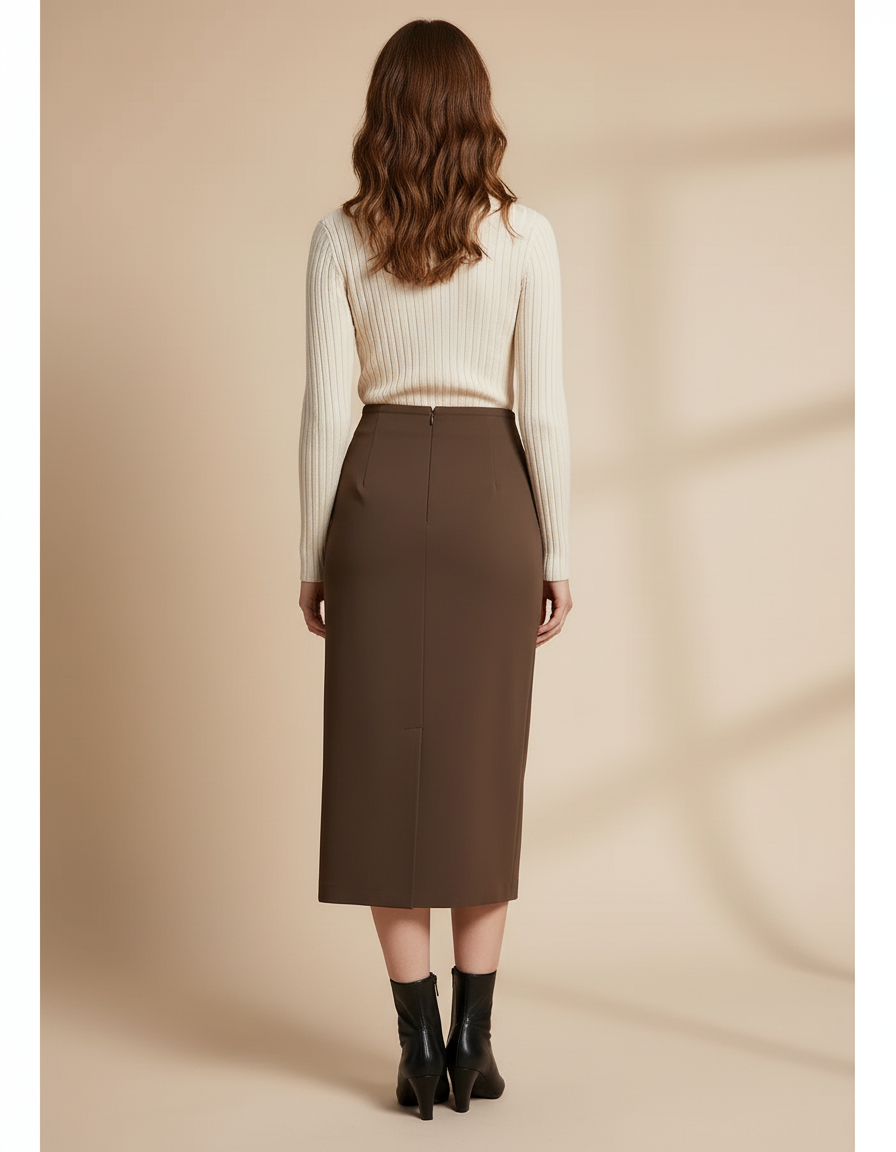 Jupe Midi Marron Fendue Élégante