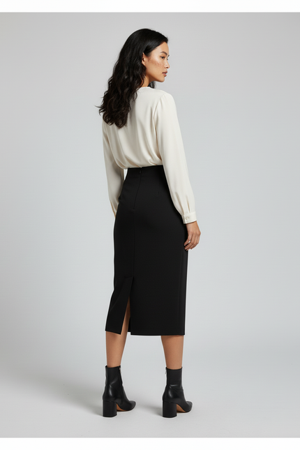 Jupe Midi Noire Taille Haute Élégante structurée