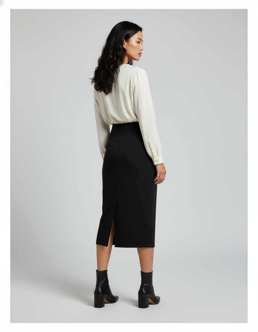 Jupe Midi Noire Taille Haute Élégante structurée