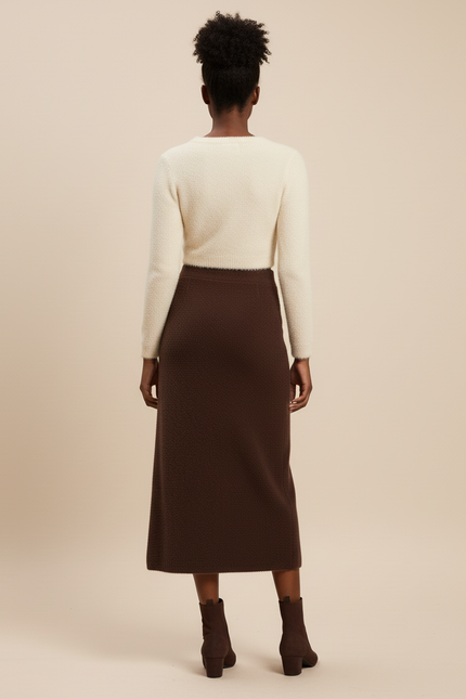 Jupe Midi Marron Tricotée Élégante