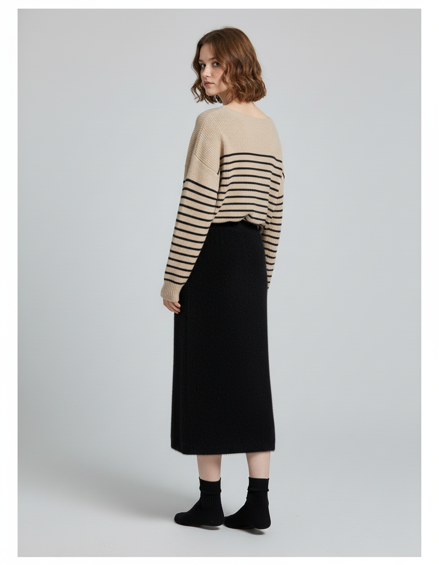 Jupe Midi Noire Maille Peluche Élégante