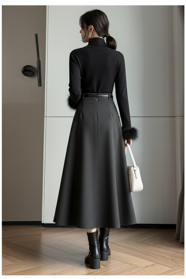 Jupe Midi Laine Gris Foncé Chic