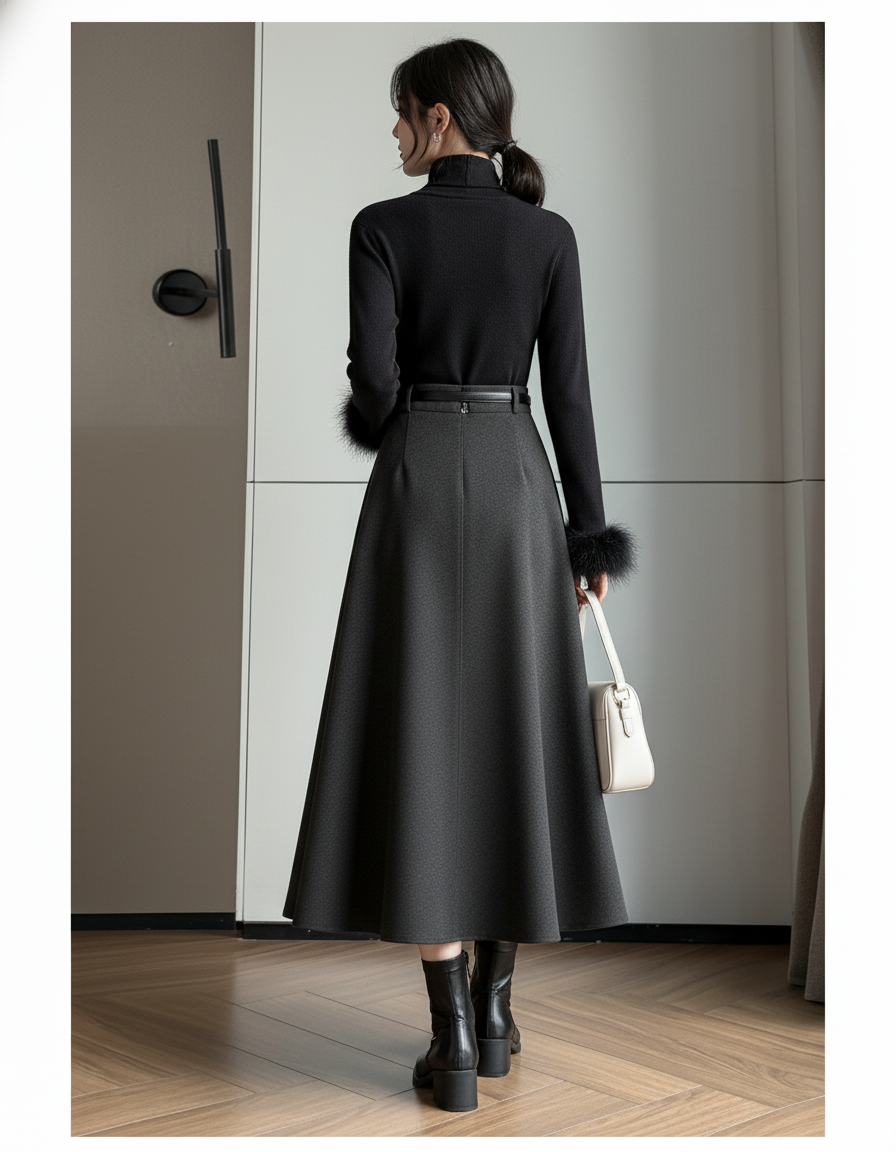 Jupe Midi Laine Gris Foncé Chic