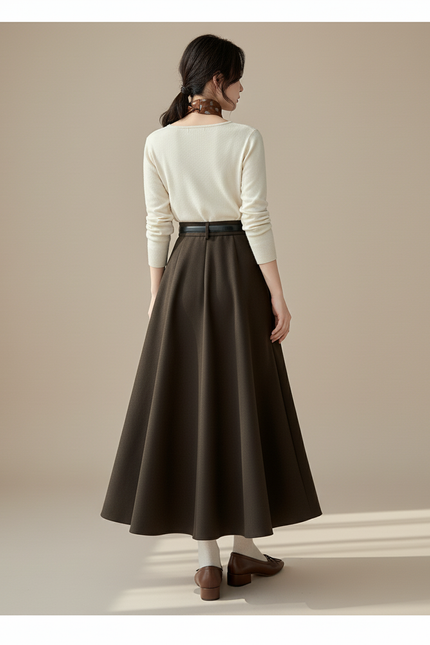 Jupe Midi Marron Évasée Chic