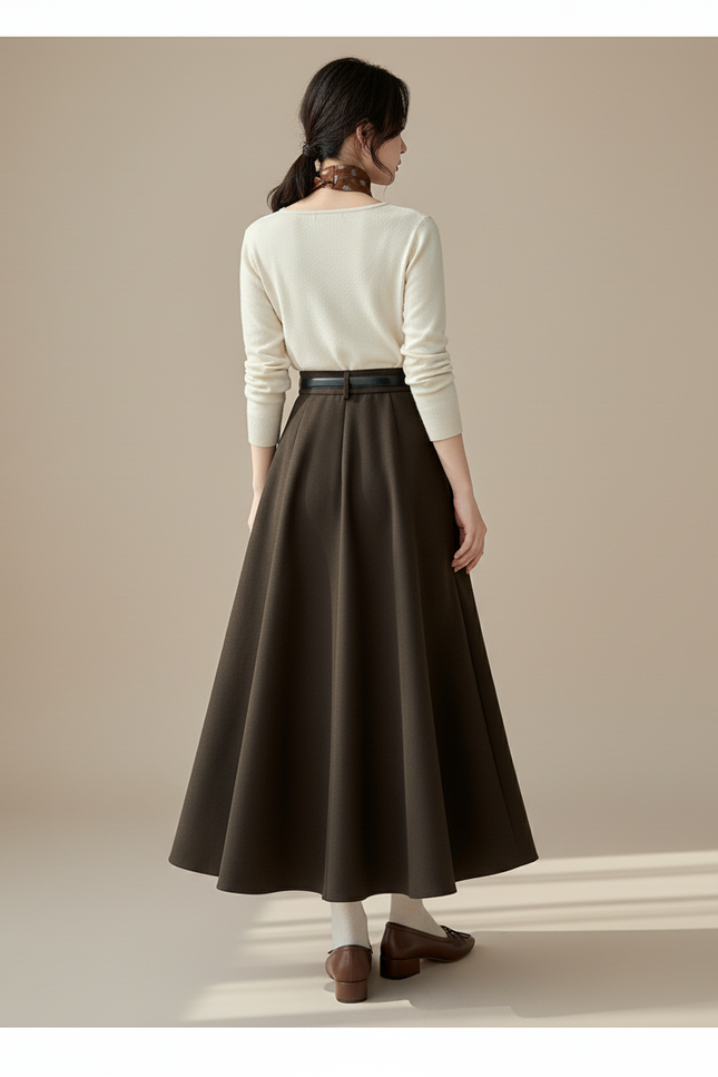 Jupe Midi Marron Évasée Chic