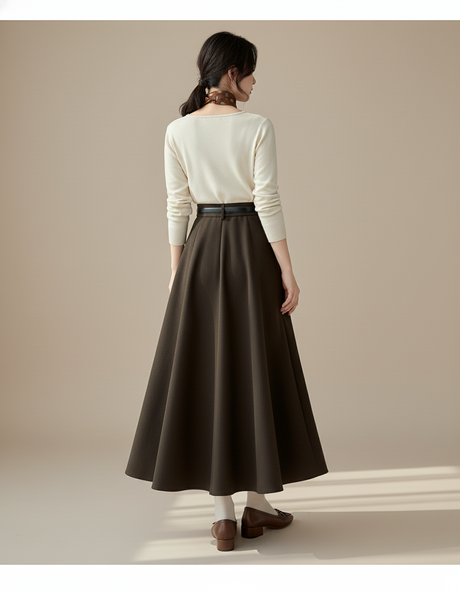 Jupe Midi Marron Évasée Chic
