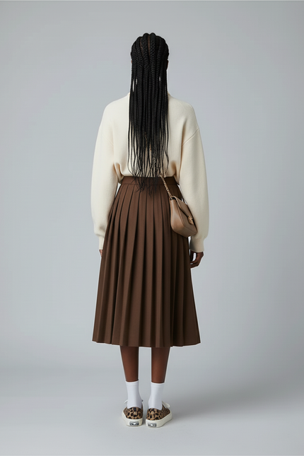 Jupe Midi Marron Plissée Élégante