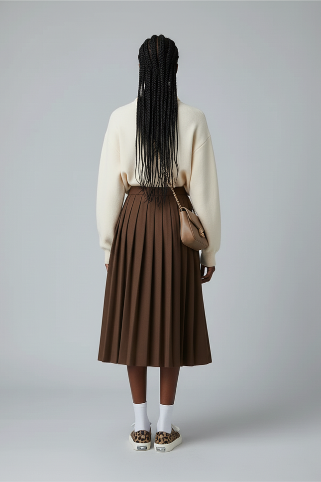 Jupe Midi Marron Plissée Élégante