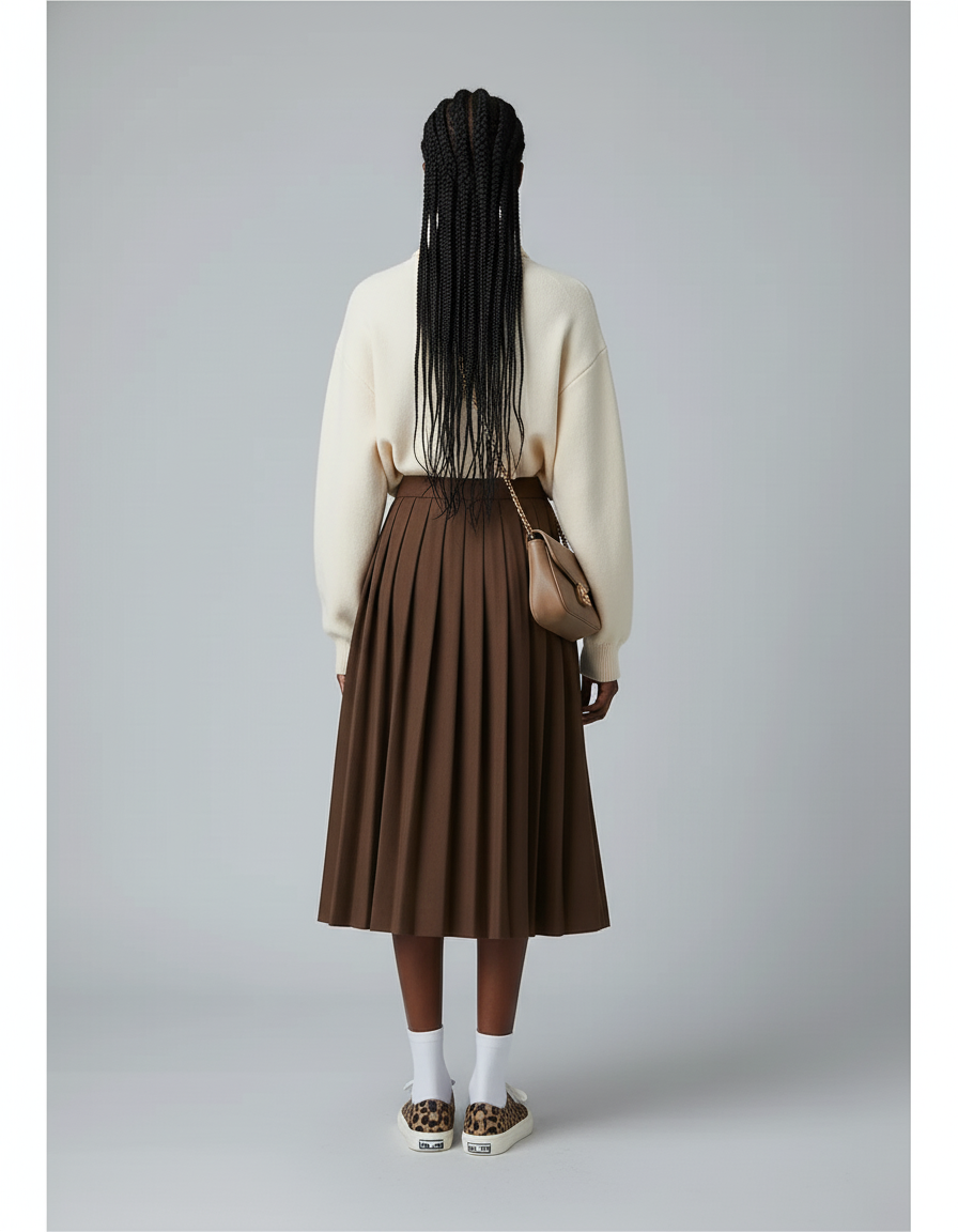 Jupe Midi Marron Plissée Élégante