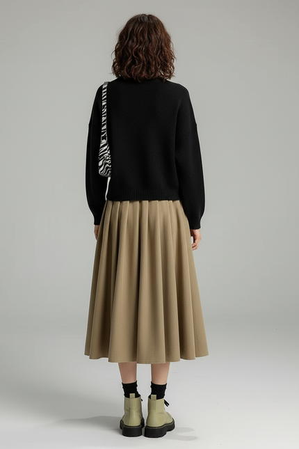 Jupe Midi Beige Plissée Épaisse Élégante