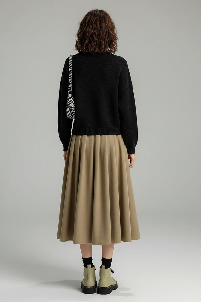 Jupe Midi Beige Plissée Épaisse Élégante