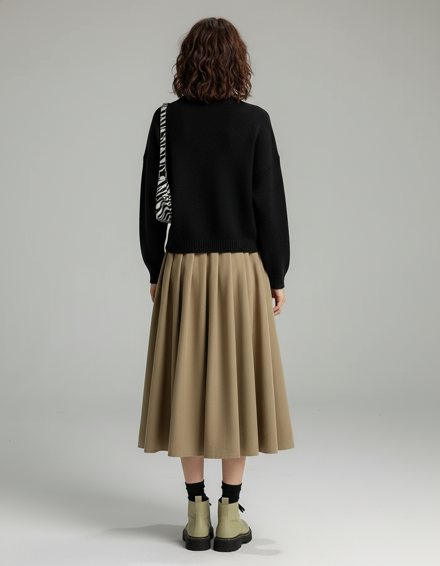 Jupe Midi Beige Plissée Épaisse Élégante