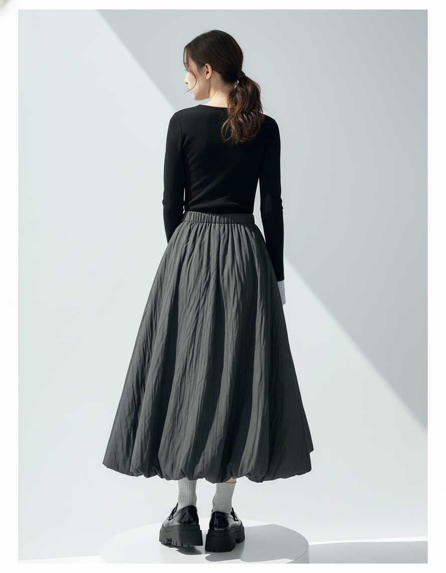 Jupe Midi Bouffante Gris Anthracite Chic