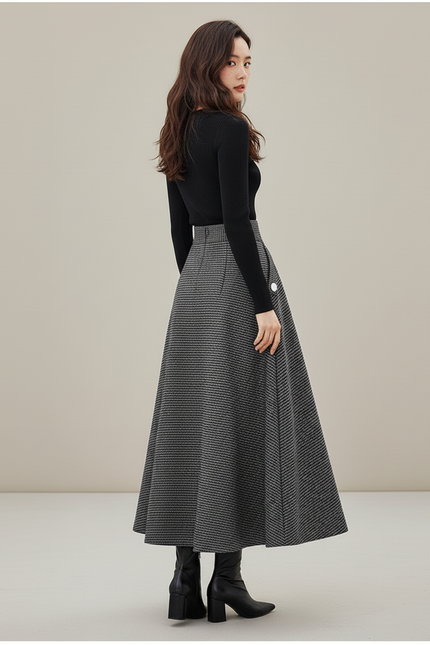 Jupe Midi Pied-De-Poule Grise Élégante