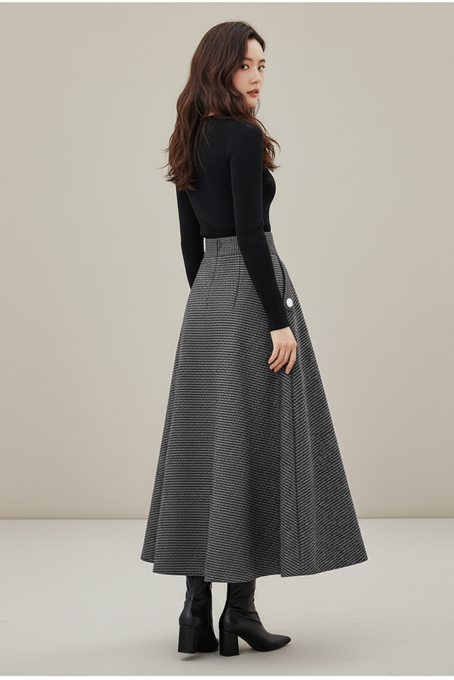 Jupe Midi Pied-De-Poule Grise Élégante