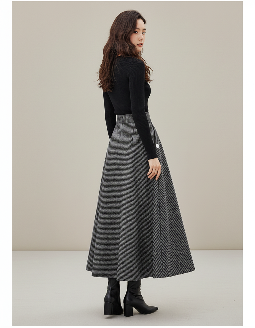 Jupe Midi Pied-De-Poule Grise Élégante