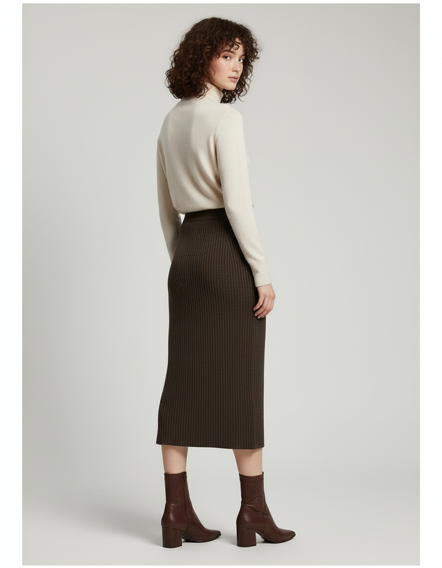 Jupe Midi Marron Côtelée Chic chaleureuse