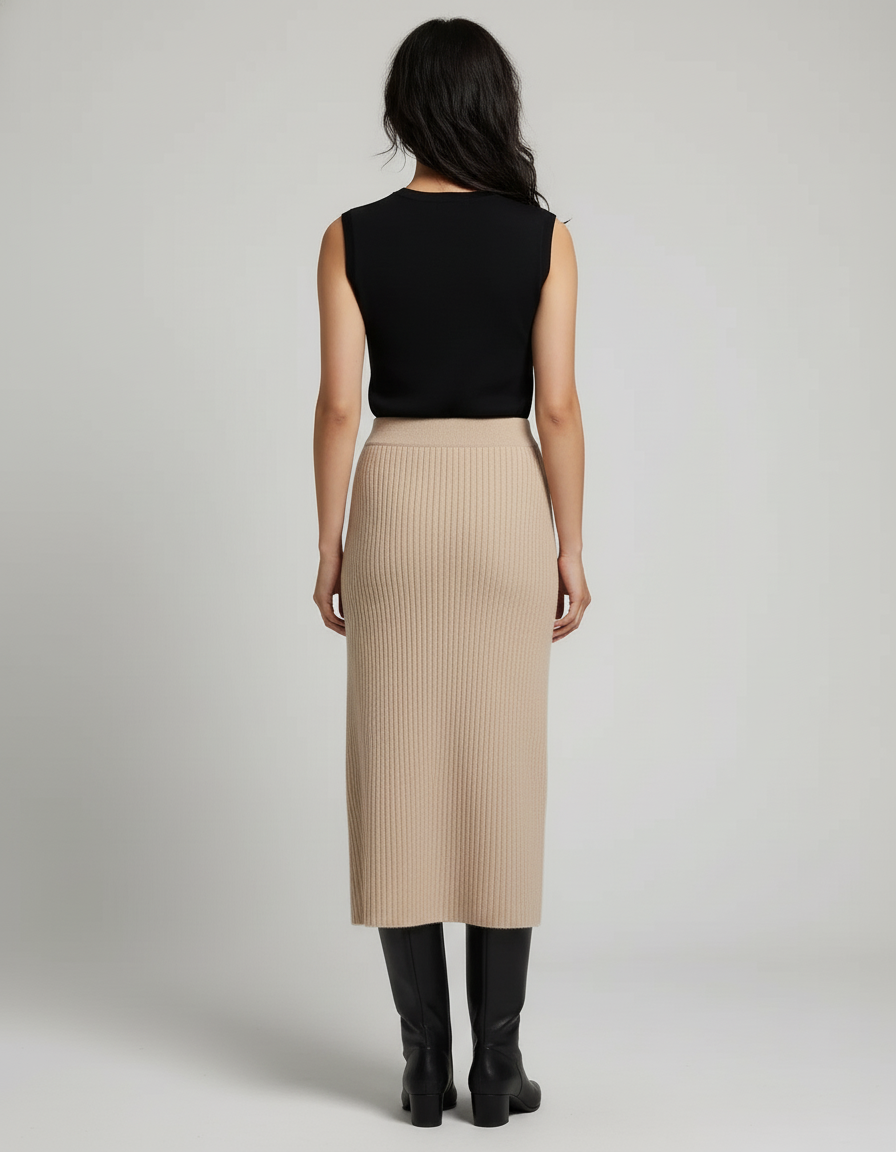 Jupe Midi Beige Côtelée Chic neutre