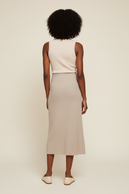 Jupe Midi Beige Maille Côtelée Chic