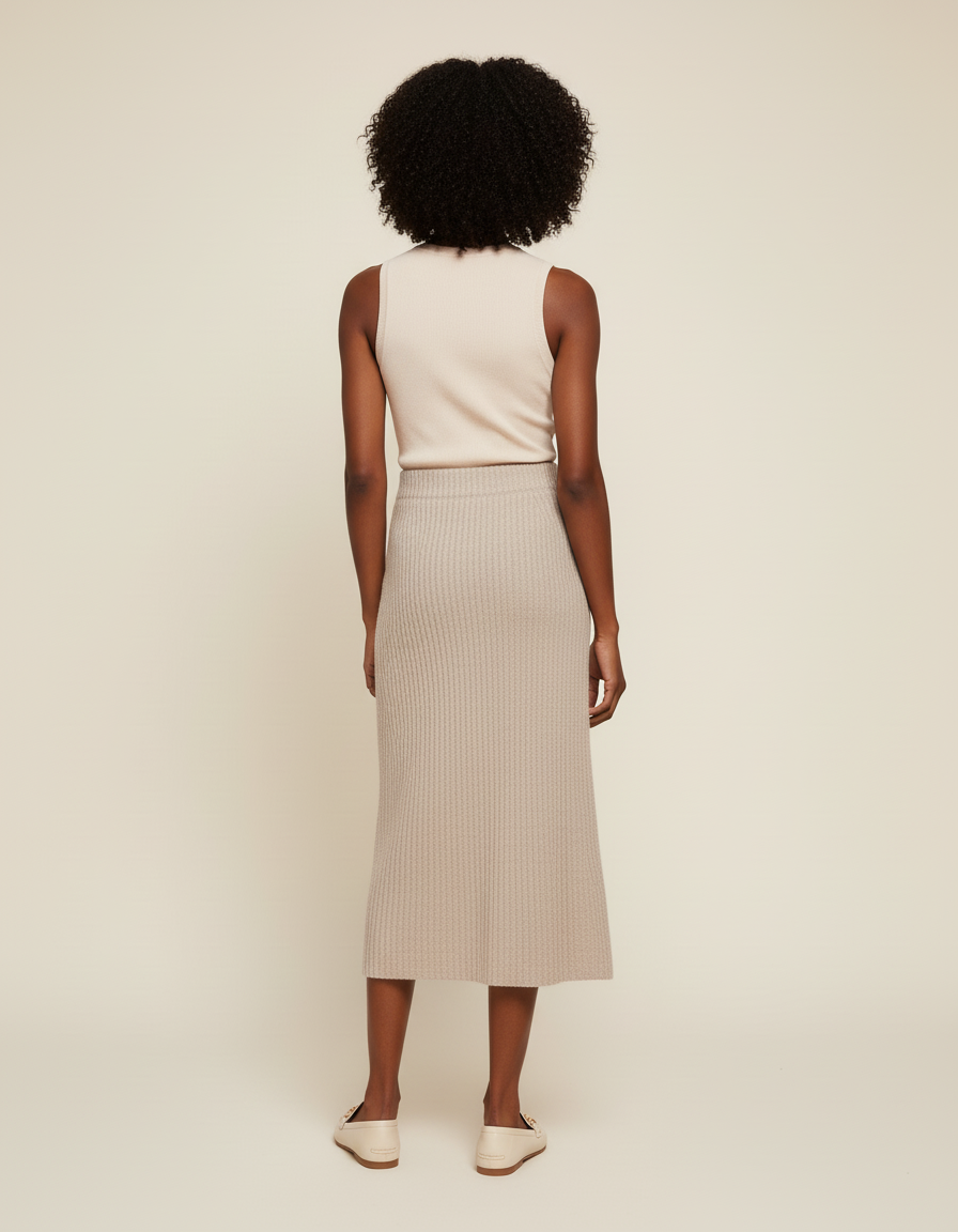 Jupe Midi Beige Maille Côtelée Chic