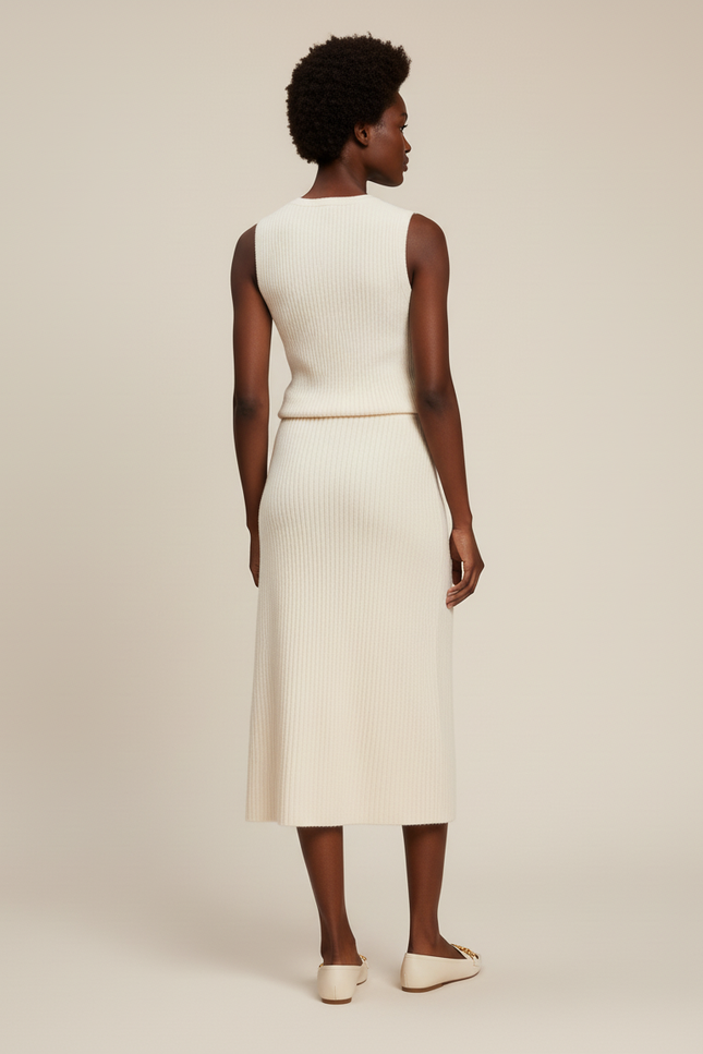 Jupe Midi Crème Maille Côtelée Chic