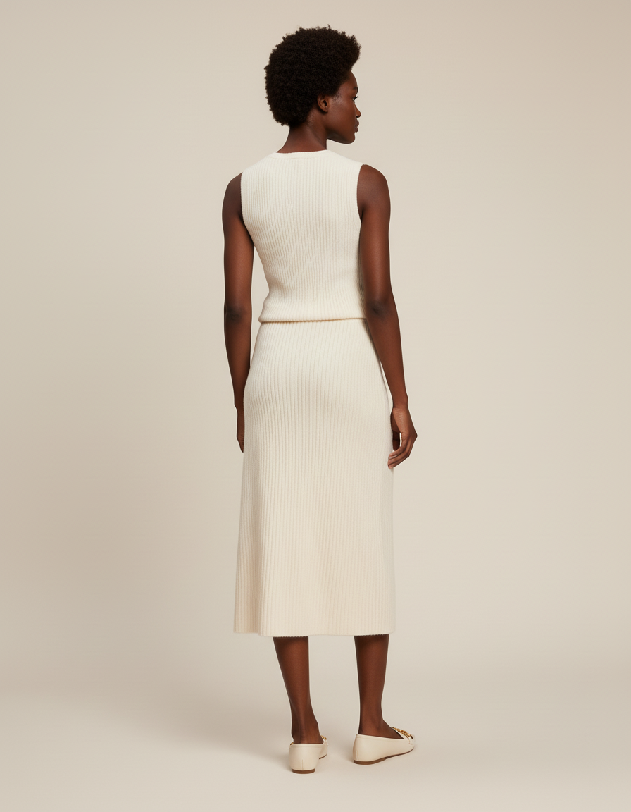 Jupe Midi Crème Maille Côtelée Chic