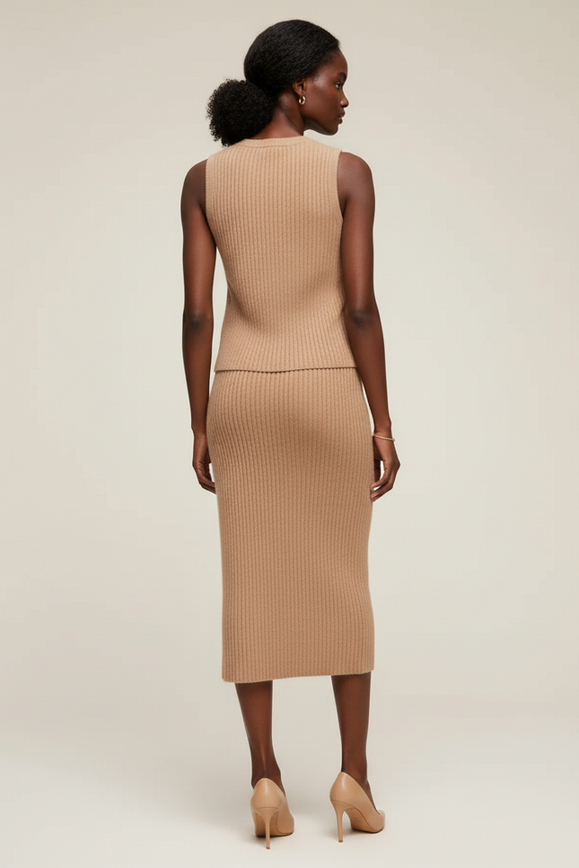 Jupe Midi Camel Côtelée Chic