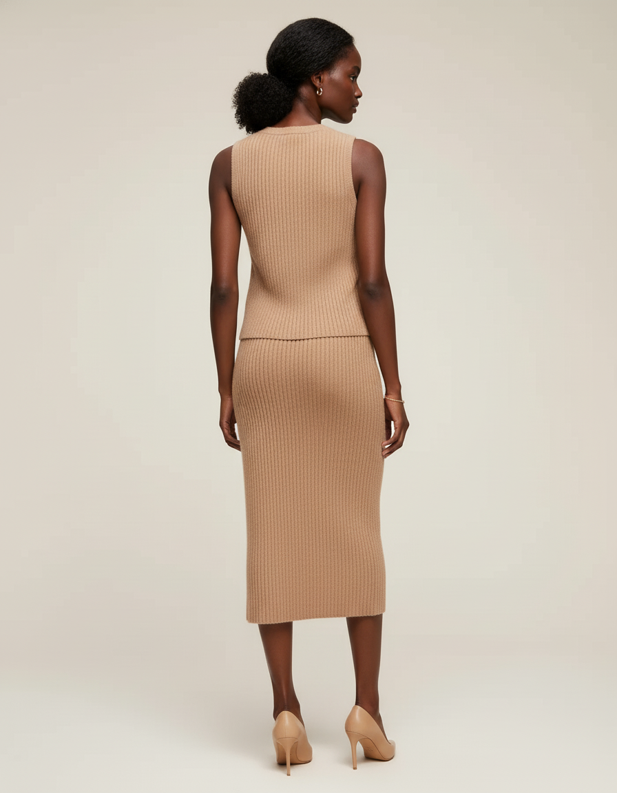 Jupe Midi Camel Côtelée Chic