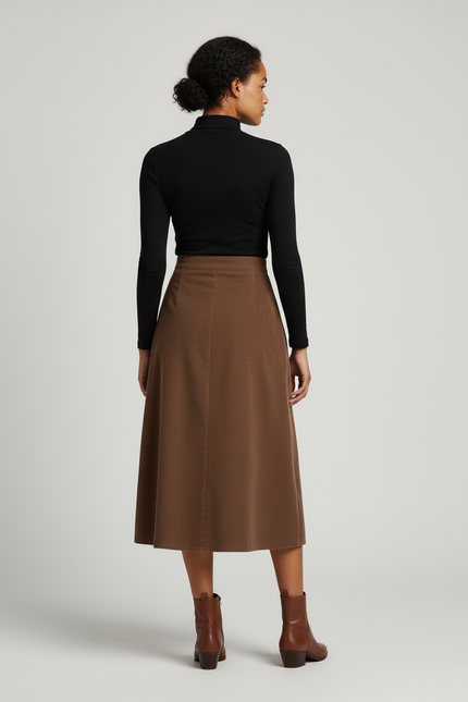 Jupe Midi Côtelée Marron Chic