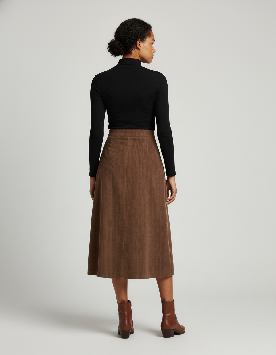 Jupe Midi Côtelée Marron Chic