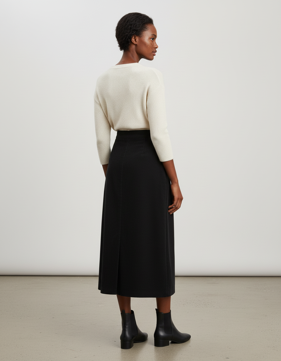 Jupe Midi Noire Velours Côtelé Vintage