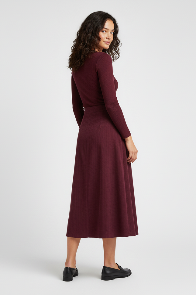 Jupe Midi Bordeaux Velours Côtelé Chic