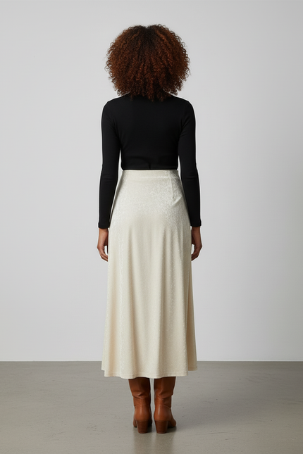 Jupe Midi Velours Crème Fluide