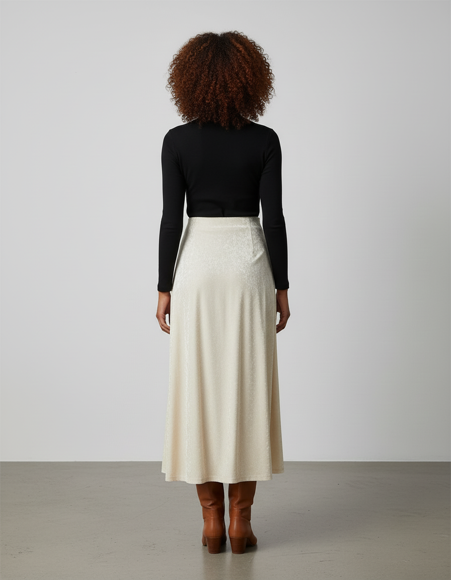 Jupe Midi Velours Crème Fluide