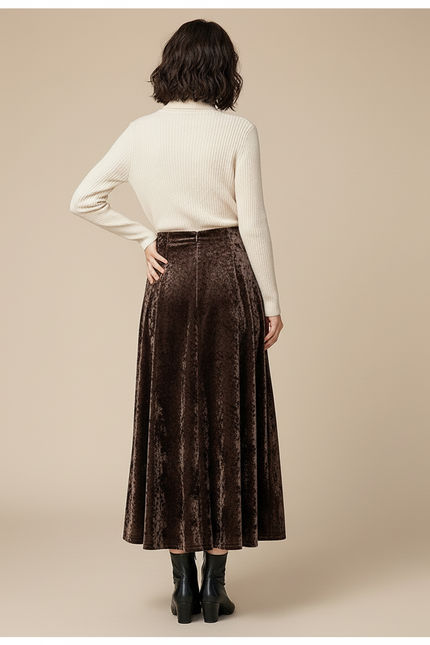 Jupe Midi Velours Marron Élégante