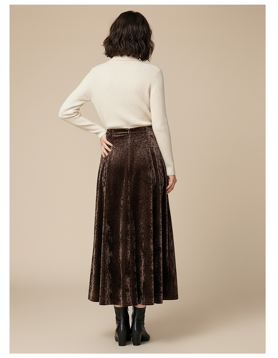 Jupe Midi Velours Marron Élégante