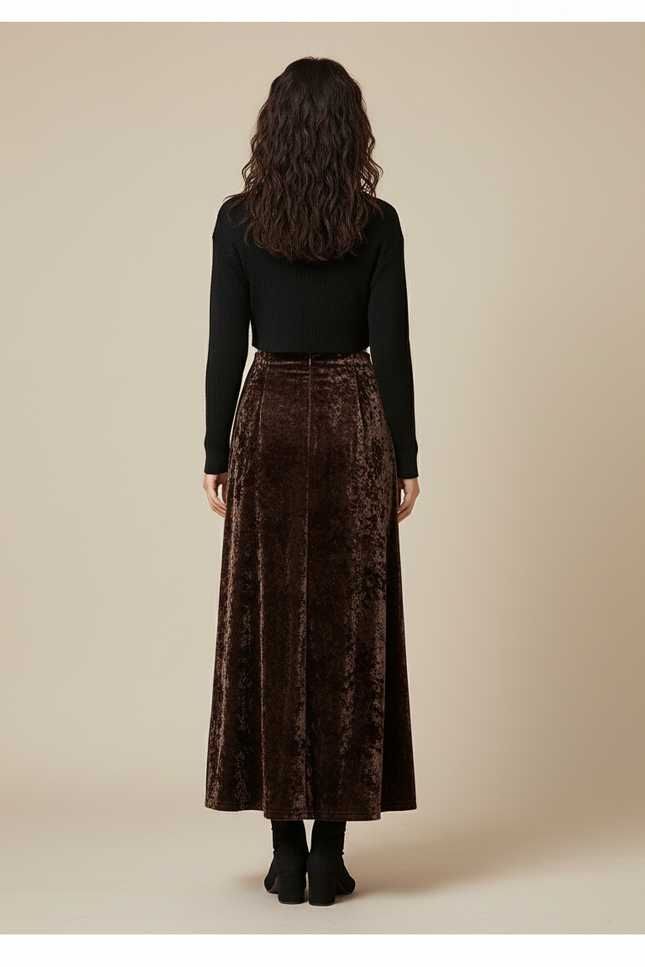 Jupe Midi Marron Velours Élégante