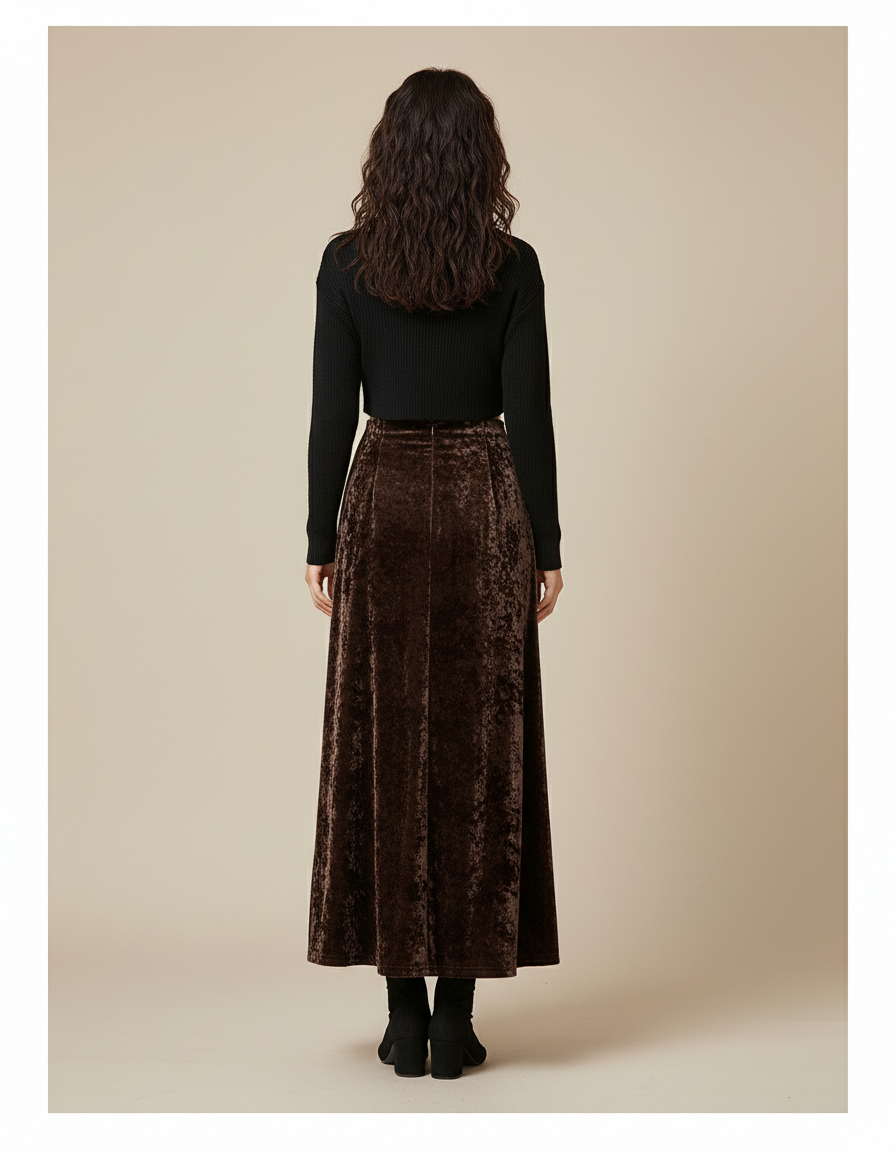 Jupe Midi Marron Velours Élégante