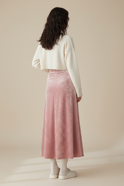 Jupe Midi Rose Velours Fluide