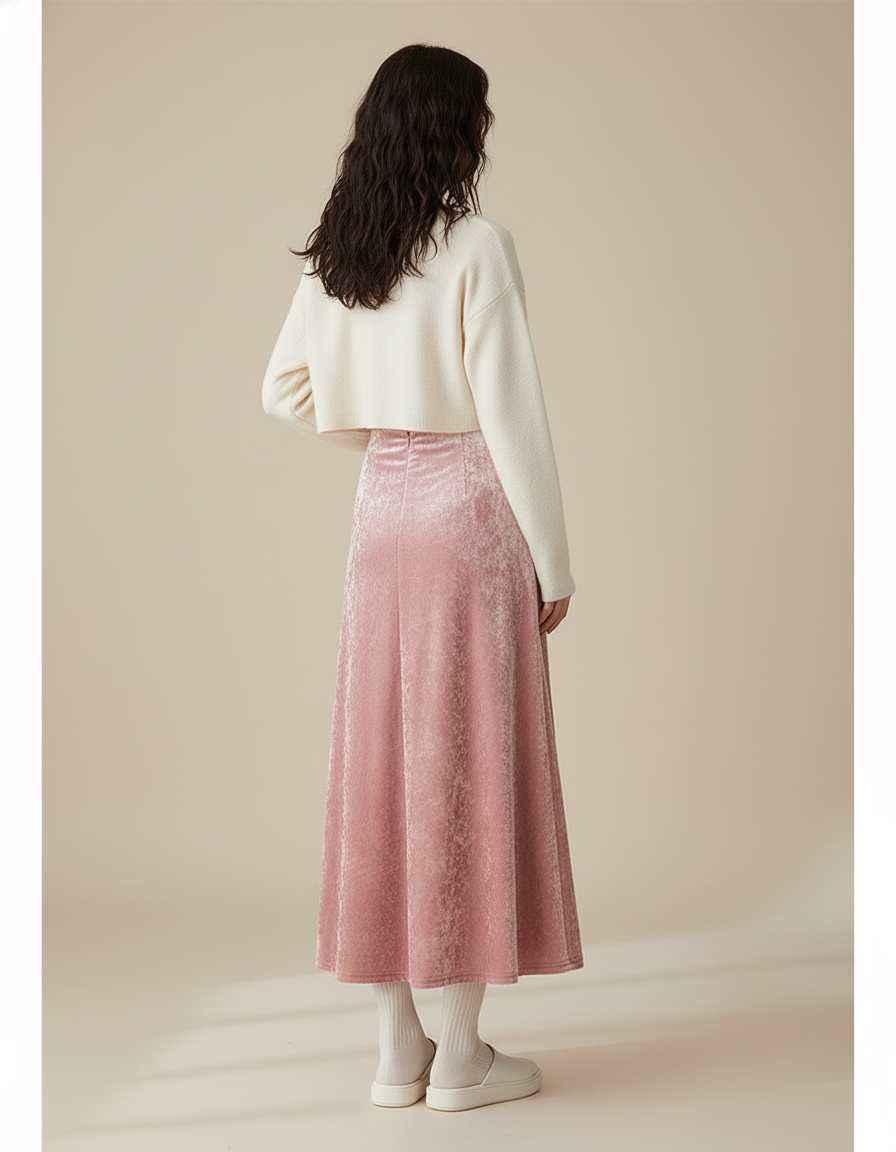 Jupe Midi Rose Velours Fluide