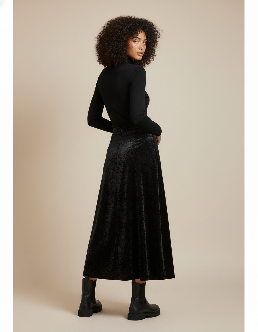Jupe Midi Noire Velours Élégante