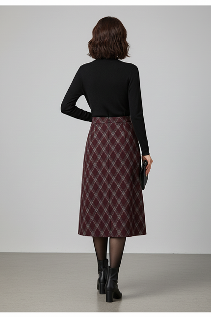 Jupe Midi Bordeaux Carreaux Losanges Élégante