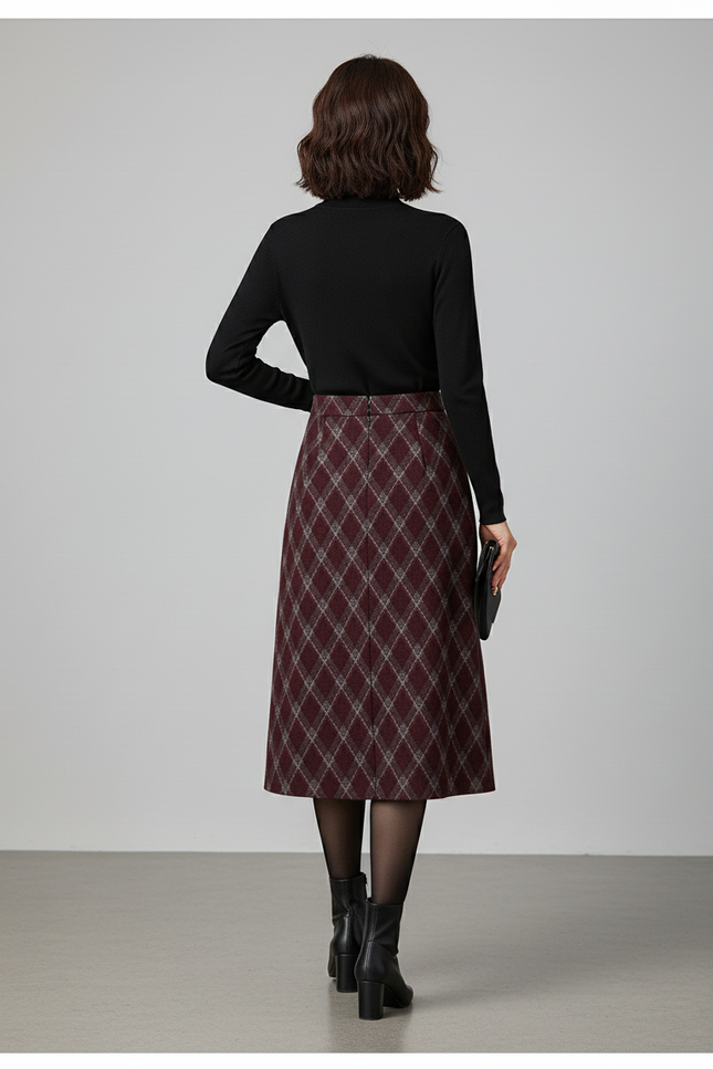Jupe Midi Bordeaux Carreaux Losanges Élégante